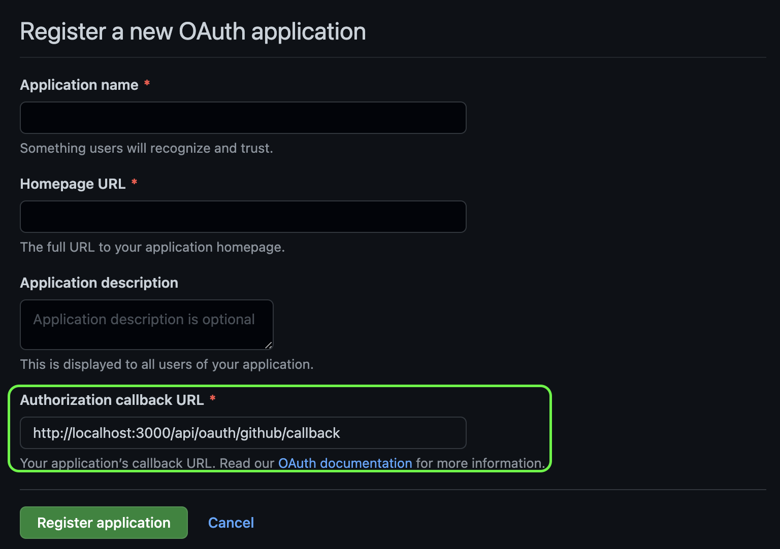 Github New Oauth App